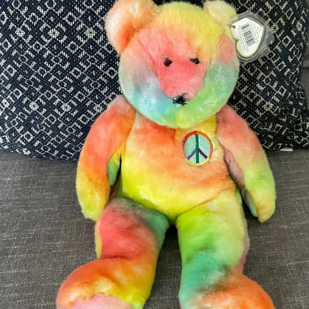 Beanie Buddy Peace Bear Ty Tie Dye Tye Dye Rainbow with original Tag Super‎ Soft